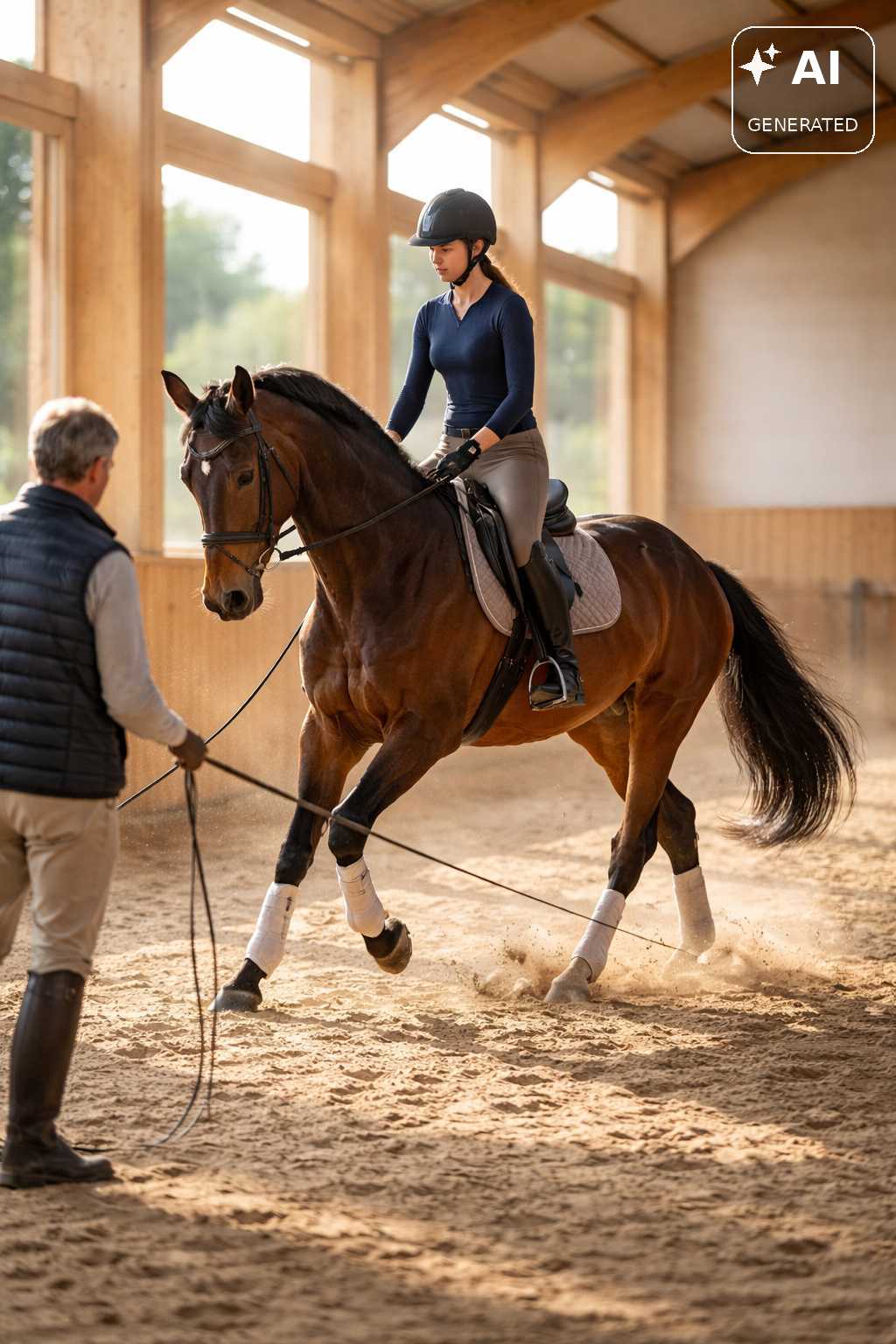 Reiterin mit Helm reitet ein braunes Pferd mit weißen Bandagen durch eine helle Reithalle. Ein Reitlehrer steht daneben und begleitet das Training an der Longe.