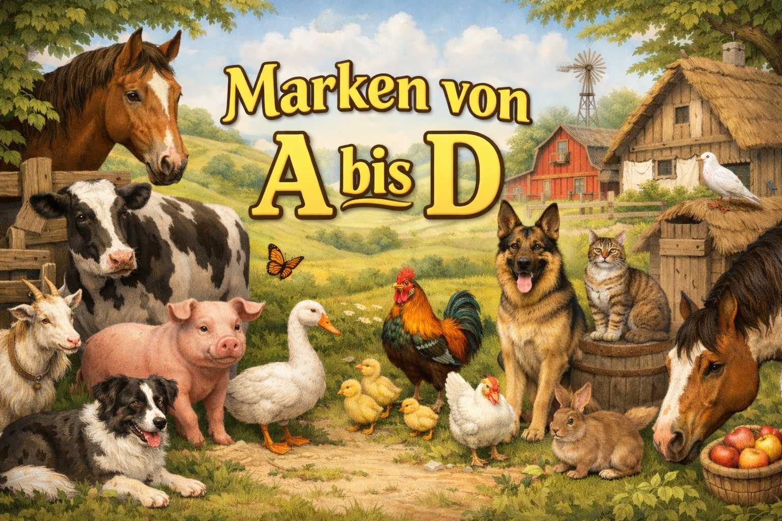 Bauernhofszene mit Pferd, Kuh, Schwein, Hund, Katze und Geflügel sowie Schriftzug Marken von A bis D