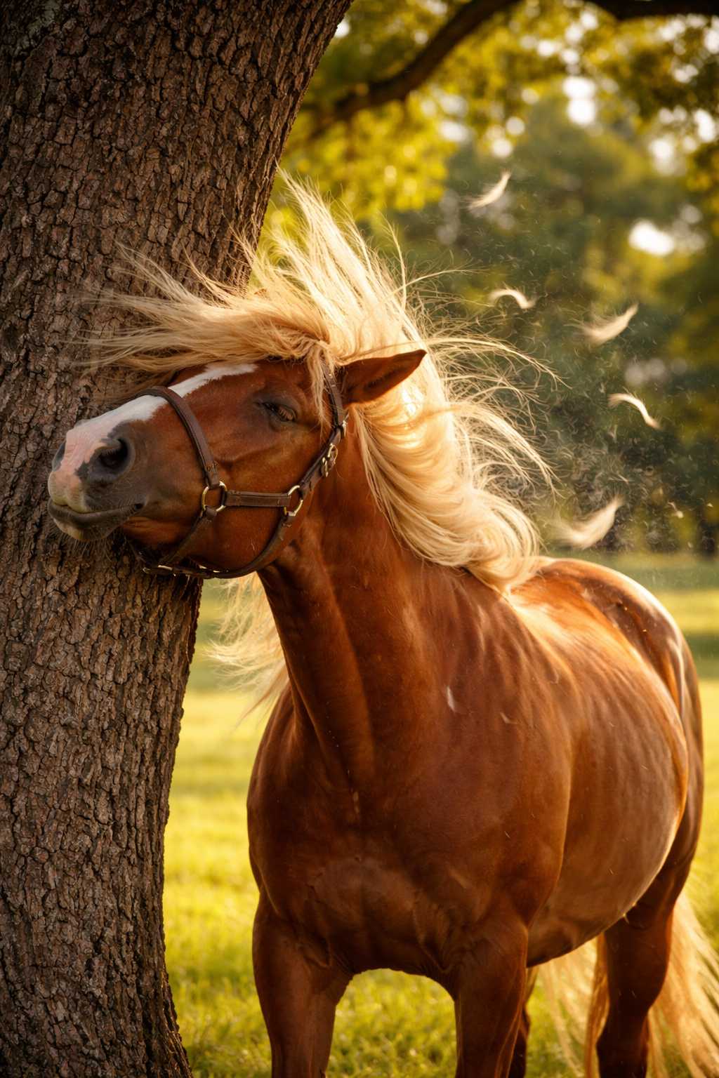 Braunes Pferd mit hellem, wehendem Langhaar reibt seinen Kopf an einem Baumstamm auf einer sonnigen Wiese.