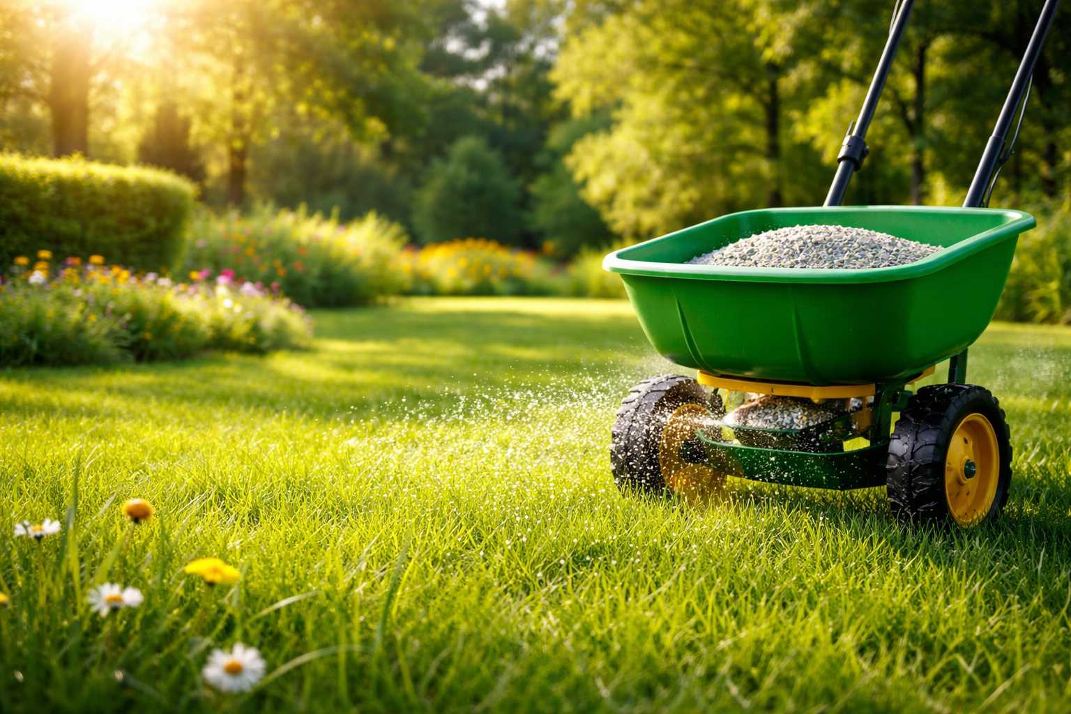 Streuwagen verteilt Rasendünger gleichmäßig auf einen grünen Gartenrasen bei sonnigem Wetter