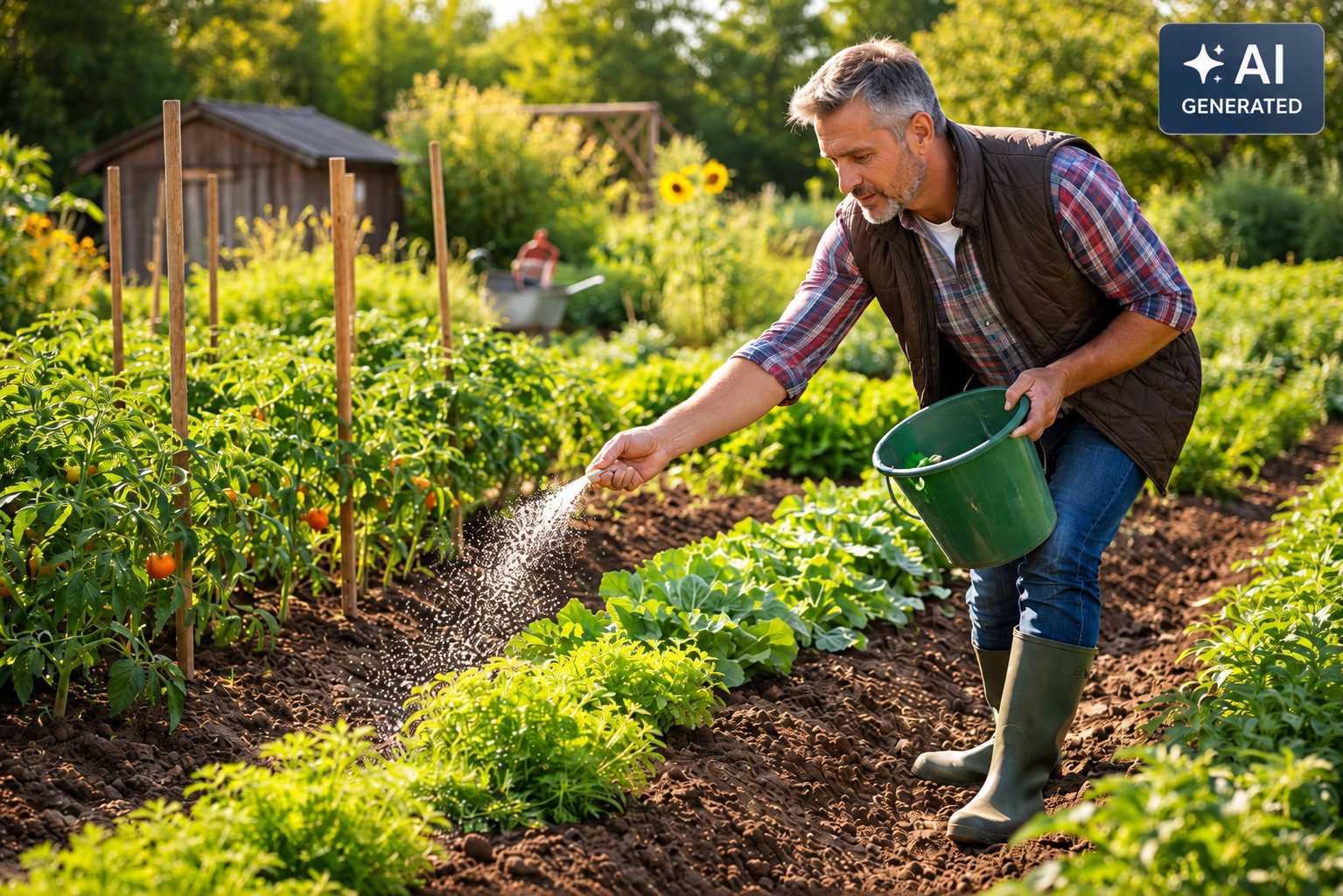 Gärtner verteilt Dünger im Gemüsegarten zwischen Tomaten, Salat und weiteren Nutzpflanzen