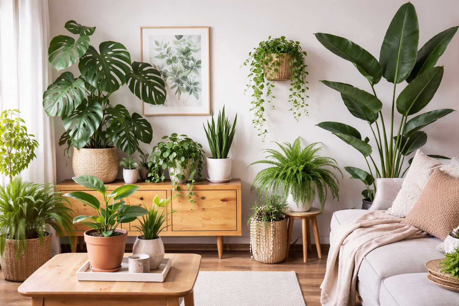 Helles Wohnzimmer mit vielen Zimmerpflanzen wie Monstera, Farn und Bogenhanf als natürliche Dekoration
