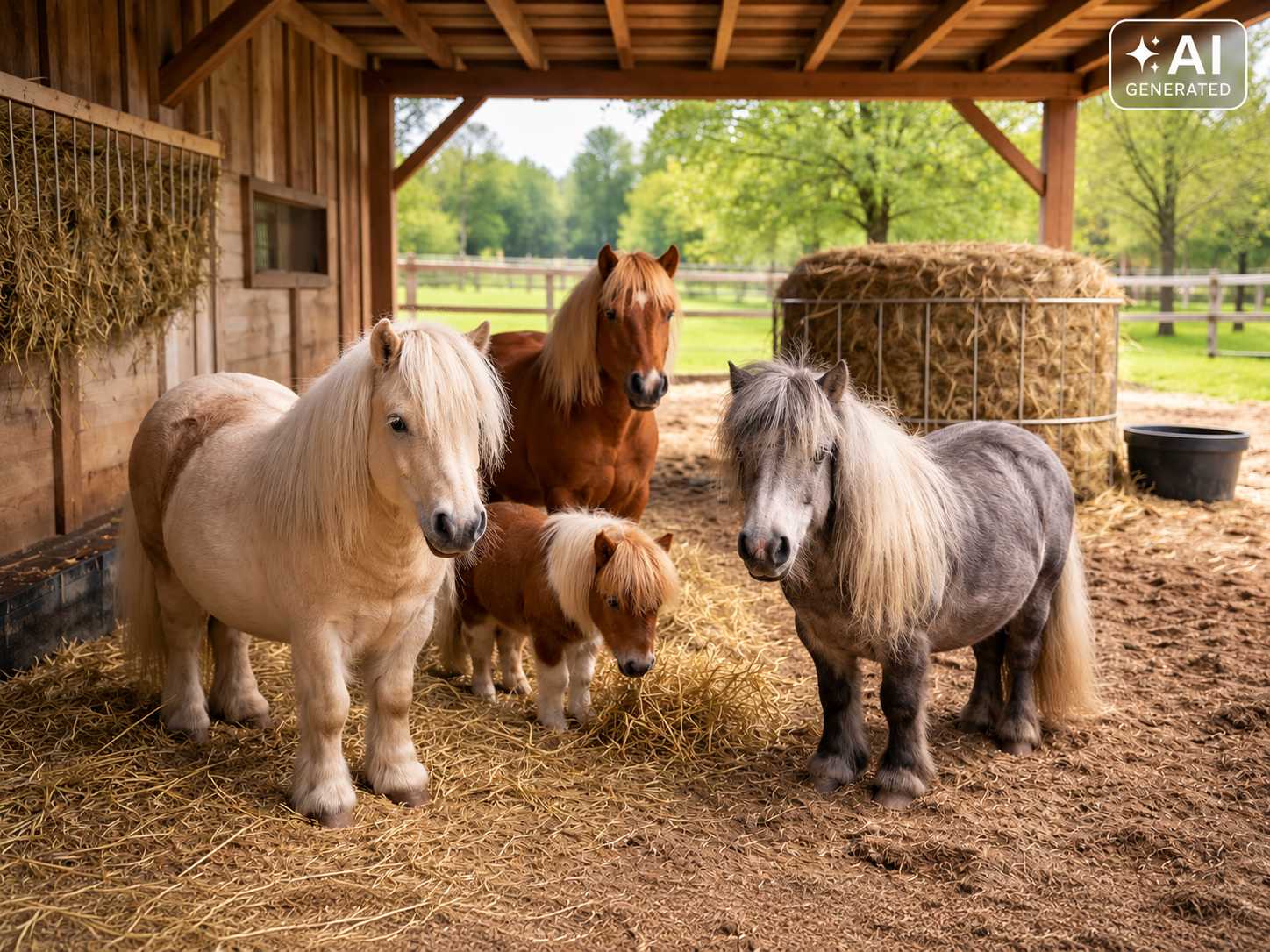 Vier Ponys mit weißem, braunem und grauem Fell stehen gemeinsam in einem überdachten Offenstall mit Stroheinstreu. Im Hintergrund sind Heuballen und eine grüne Weide zu sehen.