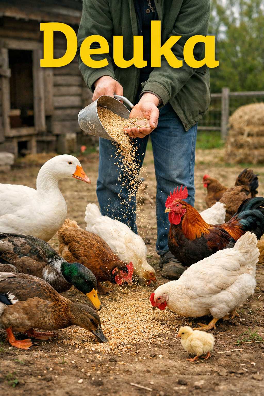 Geflügel wie Hühner, Enten und Küken werden mit Deuka Futter auf dem Bauernhof gefüttert