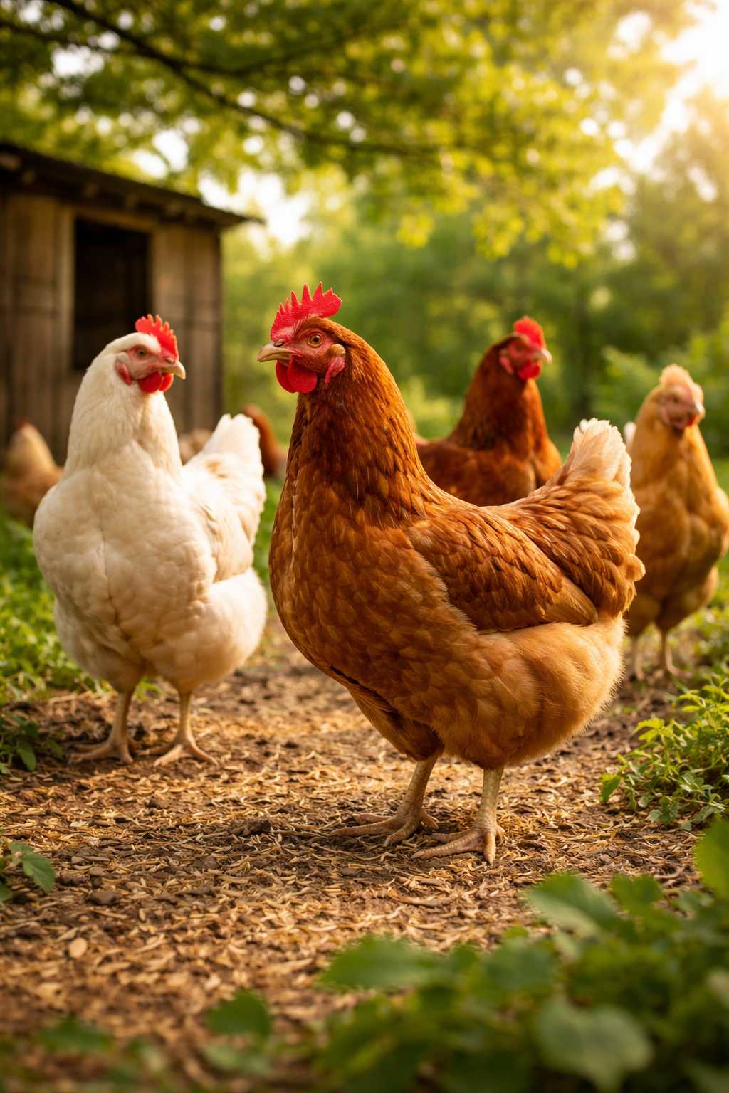 Mehrere Hühner laufen frei im grünen Garten neben einem Hühnerstall im warmen Sonnenlicht