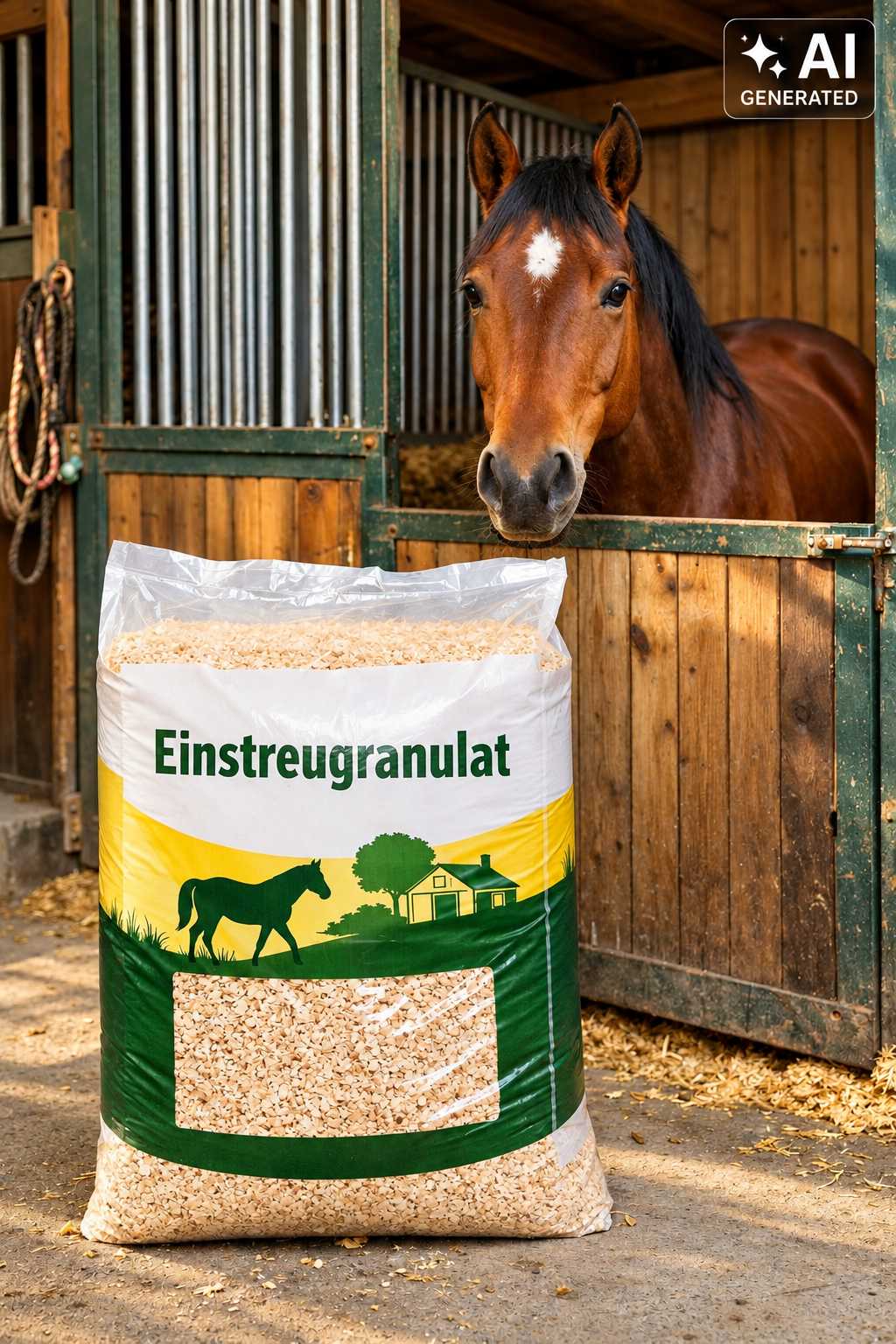 Sack mit Einstreugranulat vor einer Stallbox mit braunem Pferd