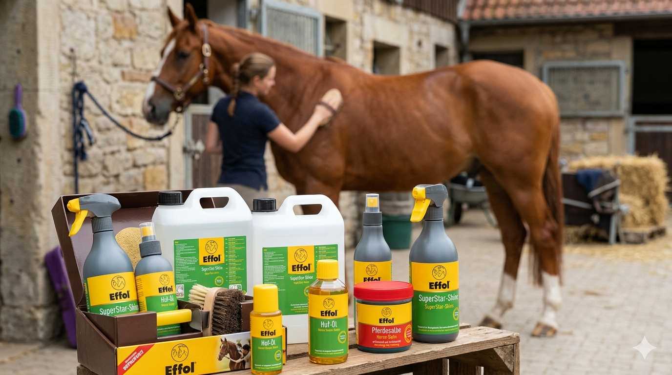 Effol Pferdepflege-Produkte im Vordergrund, während ein Pferd im Stall gebürstet wird