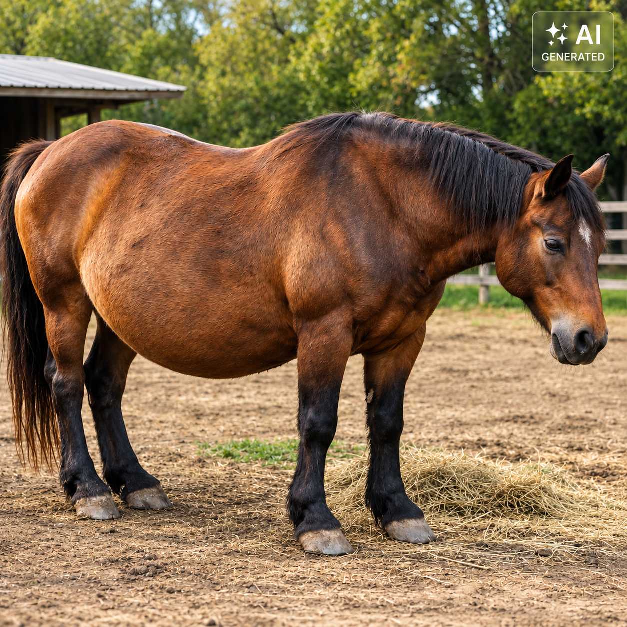 Braunes Pferd steht auf einem befestigten Auslauf vor einem Stall