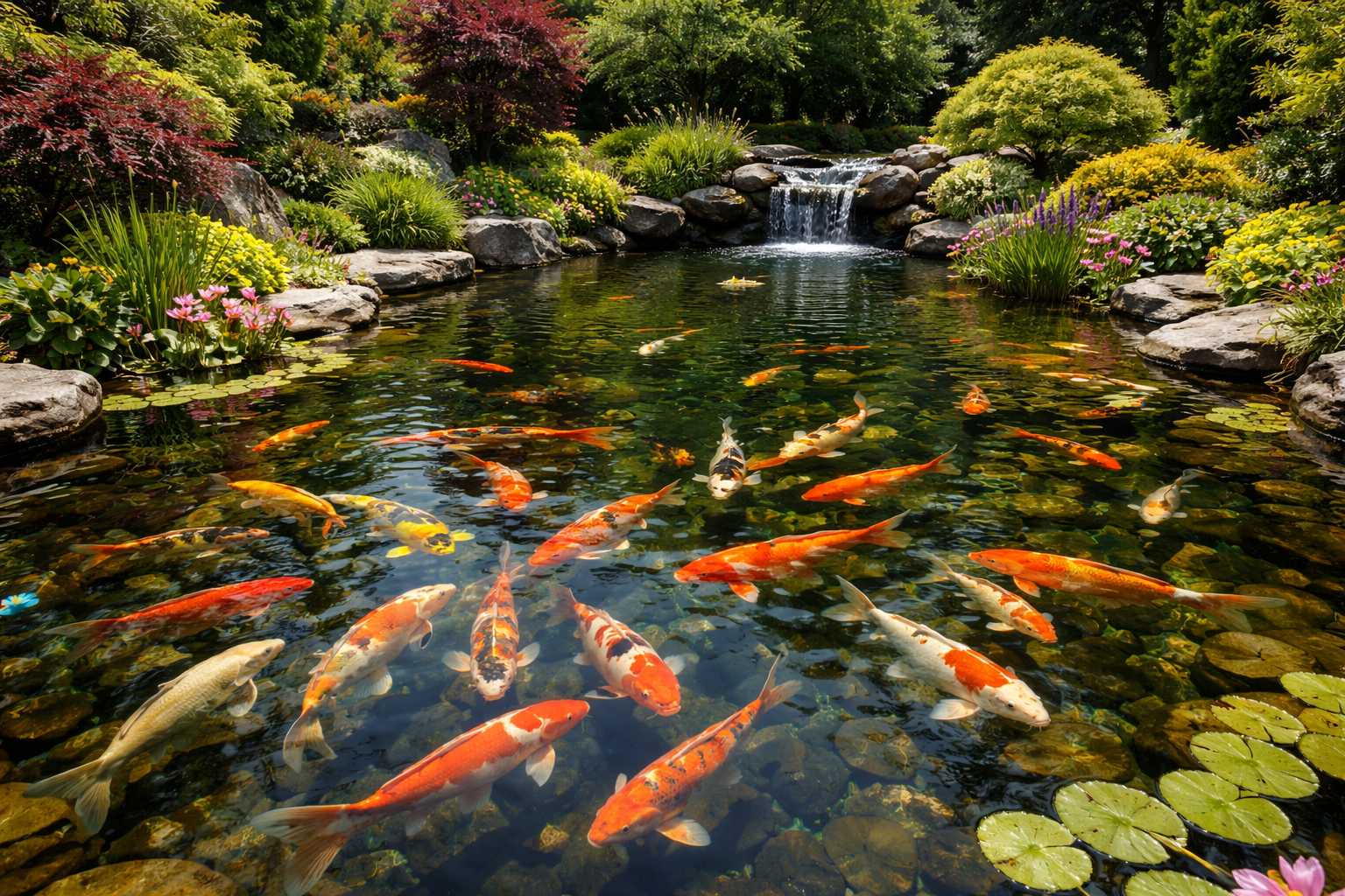 Viele bunte Koi Karpfen schwimmen in einem großen Gartenteich mit Wasserfall, Steinen, Pflanzen und Seerosen