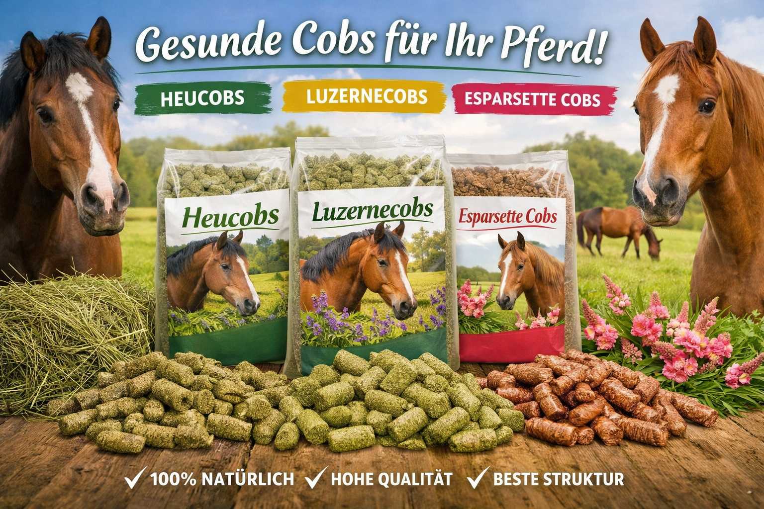 Verschiedene Pferdefutter-Cobs wie Heucobs, Luzernecobs und Esparsette Cobs in Verpackungen mit Pferden auf einer Wiese