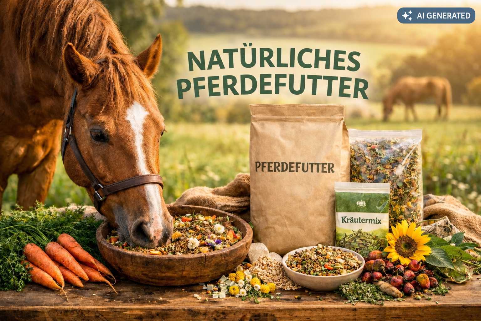 Braunes Pferd frisst aus einer Holzschale mit Pferdefutter. Daneben stehen Futtersäcke, Kräutermischungen, Karotten und verschiedene getrocknete Pflanzen.