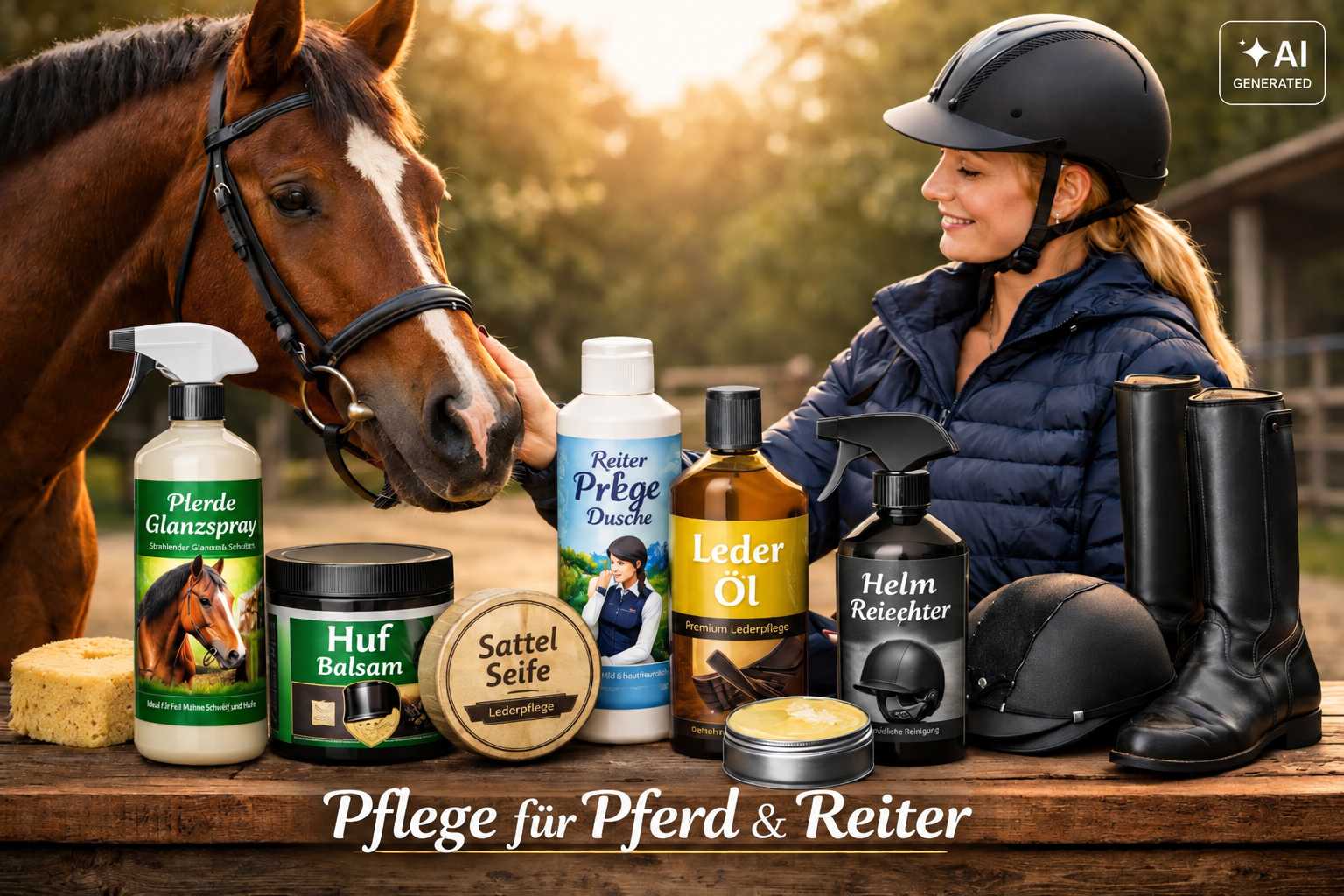 Reiterin streichelt ein braunes Pferd. Im Vordergrund stehen Pflegeprodukte für Pferdefell, Hufe, Sattel, Leder und Reitausrüstung.