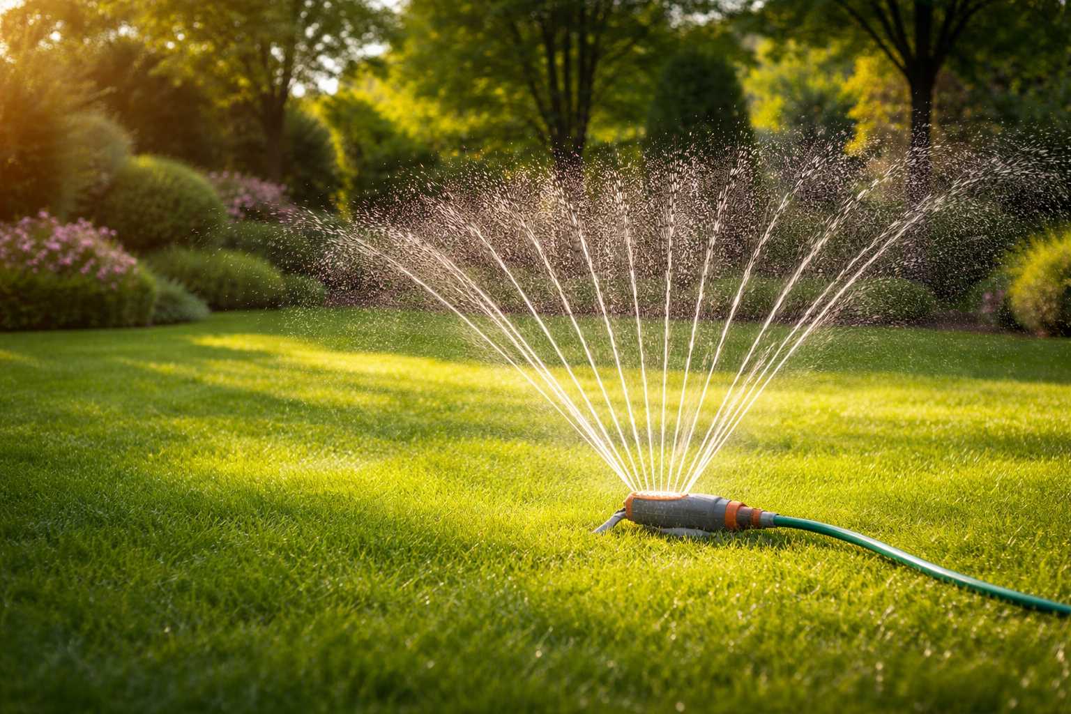 Gartensprenger verteilt Wasser gleichmäßig über einen gepflegten Rasen bei warmem Sonnenlicht im Garten