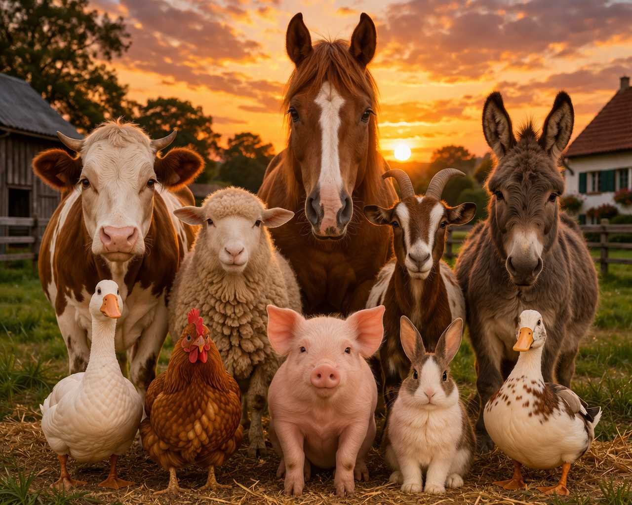 Verschiedene Bauernhoftiere wie Pferd, Kuh, Schaf, Ziege, Esel, Schwein, Hühner und Enten stehen gemeinsam auf einer Wiese bei Sonnenuntergang