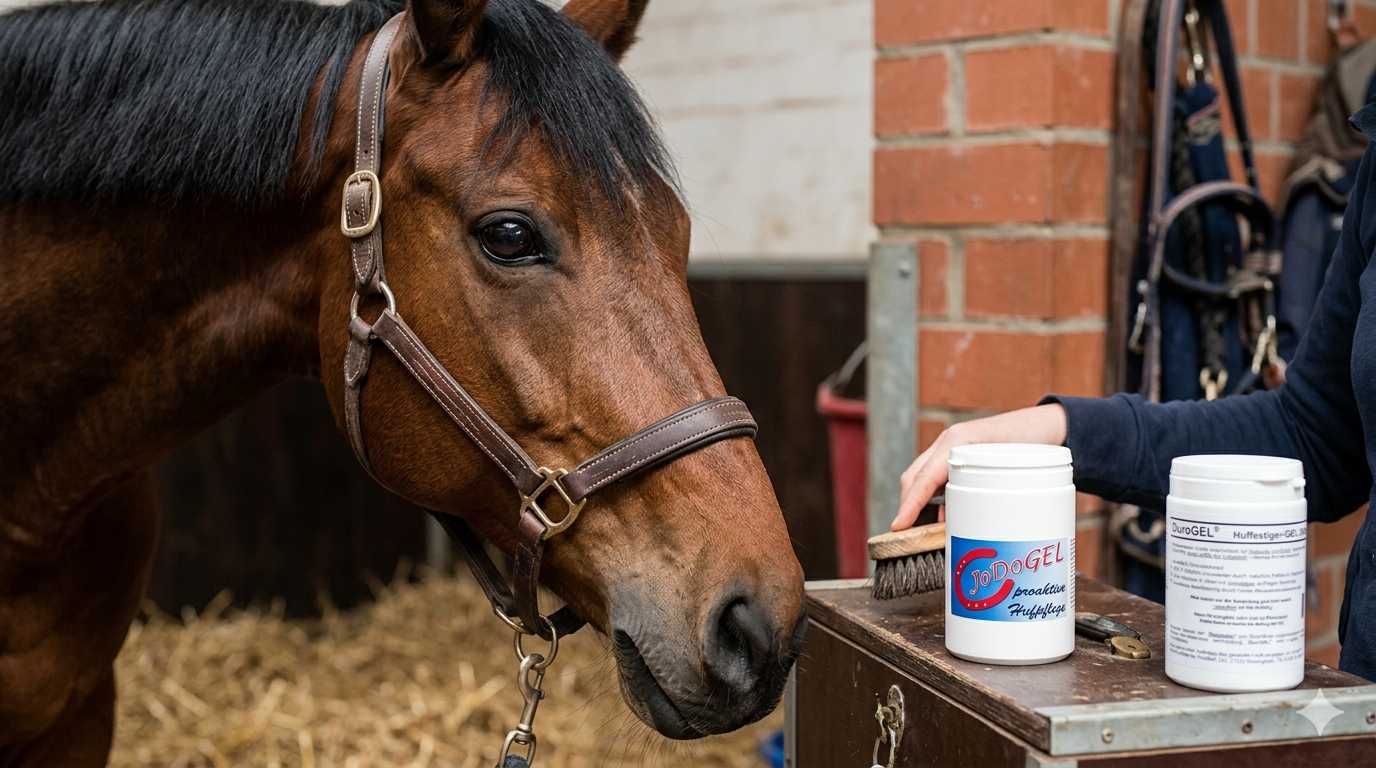 Pferd im Stall neben JODOGEL Hufpflegeprodukt und Bürste zur Pflege der Hufe.