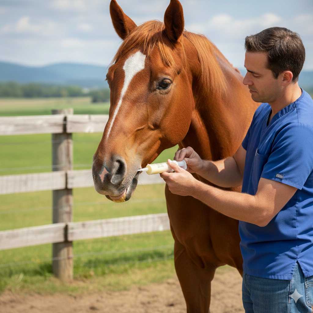 Ein Mann in blauer Arbeitskleidung verabreicht einem braunen Pferd auf einer eingezäunten Weide mit einer Dosierspritze eine orale Paste ins Maul.