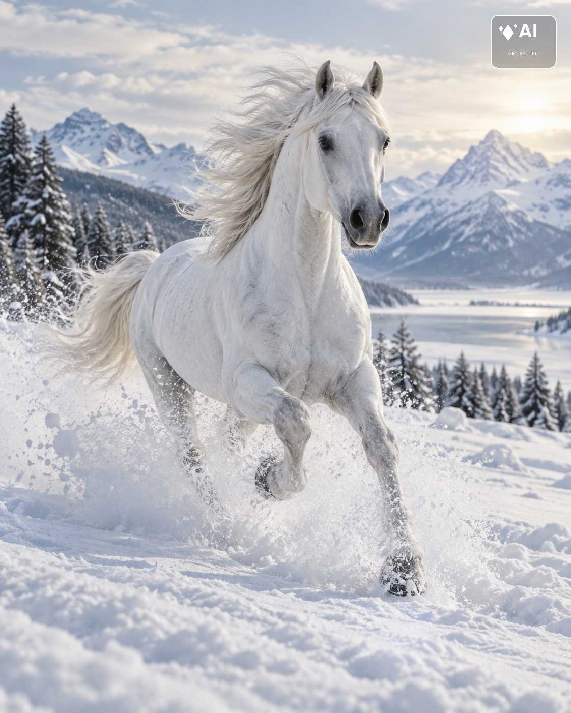 Weißes Pferd läuft durch tiefen Schnee vor winterlicher Berglandschaft