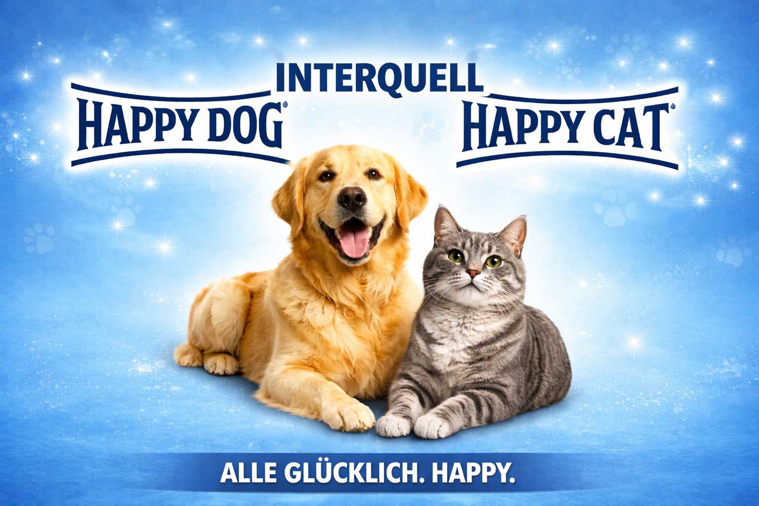 Golden Retriever und graue Katze vor blauem Hintergrund mit den Markenlogos Happy Dog und Happy Cat sowie Interquell