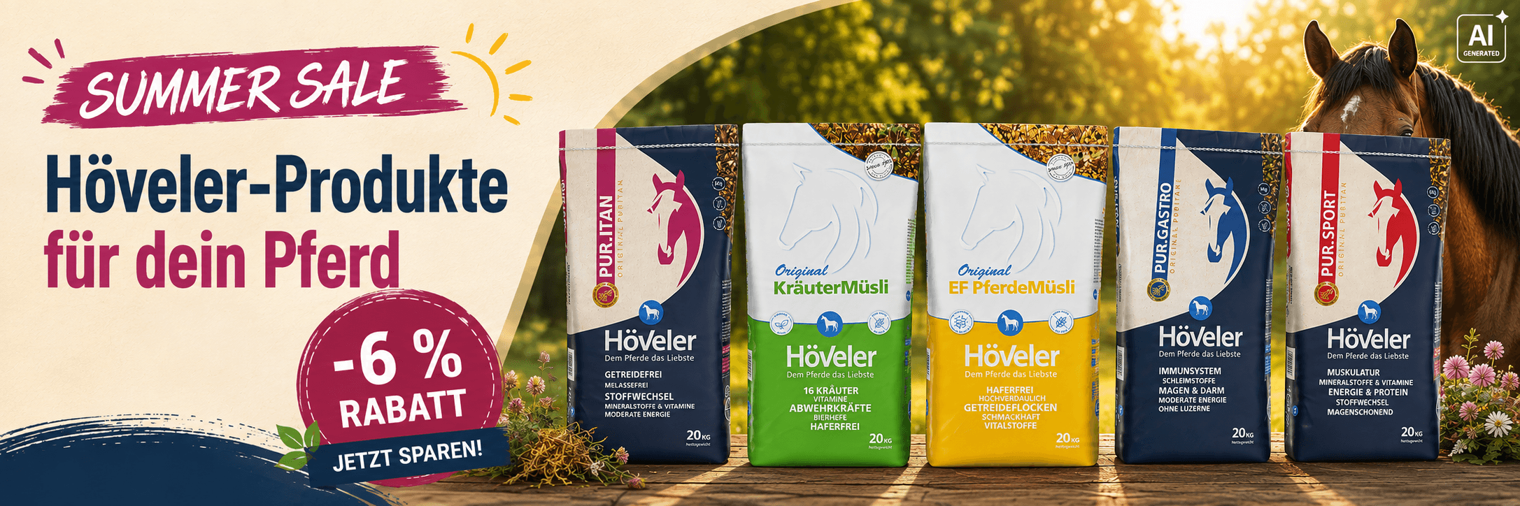 Summer Sale bei Pferdefuttershop.de: 6 % Rabatt auf ausgewählte Höveler-Produkte wie Puritan, KräuterMüsli, EF PferdeMüsli, Pur.Gastro und Pur.Sport.