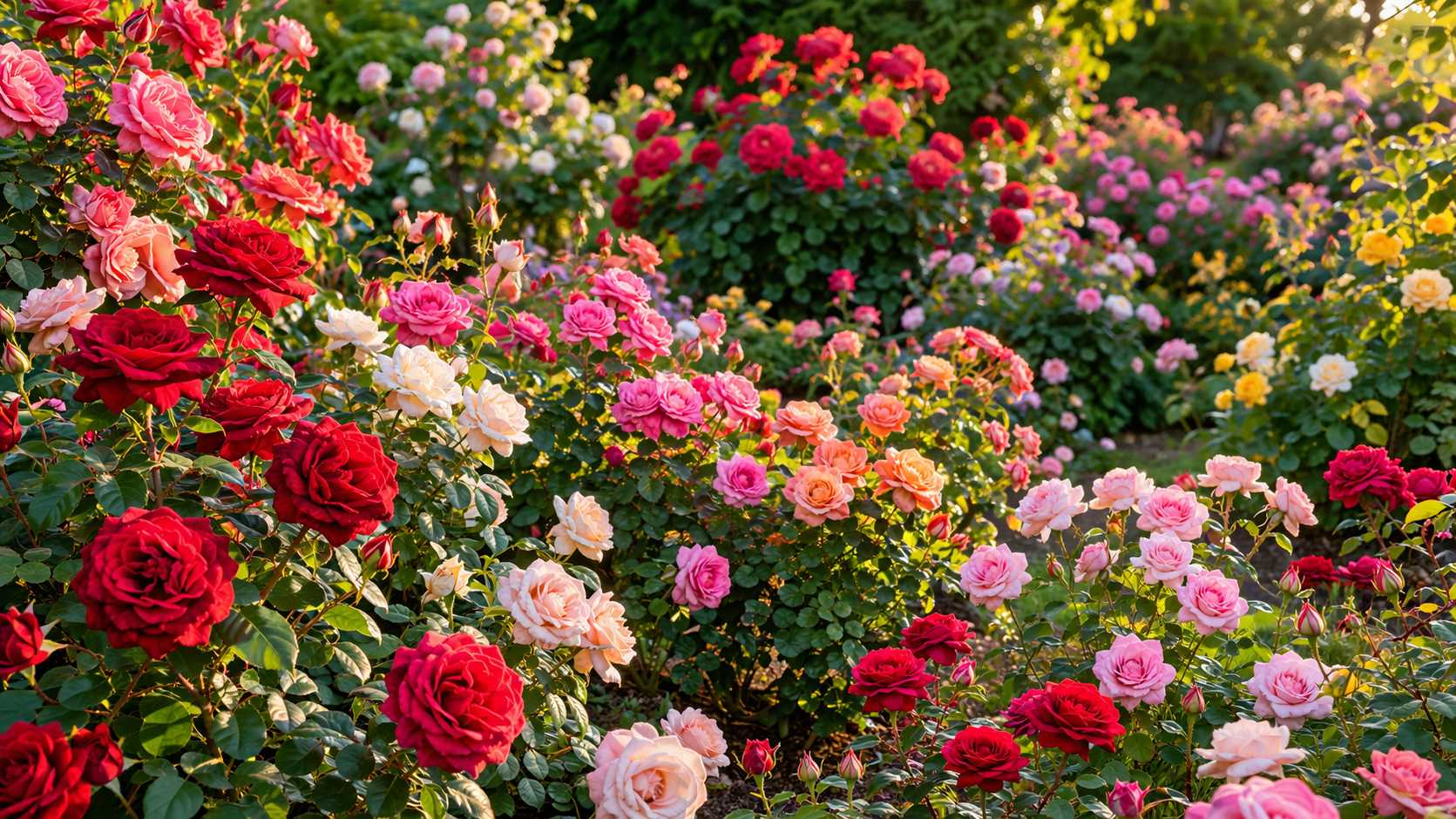 Üppiger Rosengarten mit roten, rosa, weißen und gelben Rosen in voller Blüte bei warmem Sonnenlicht