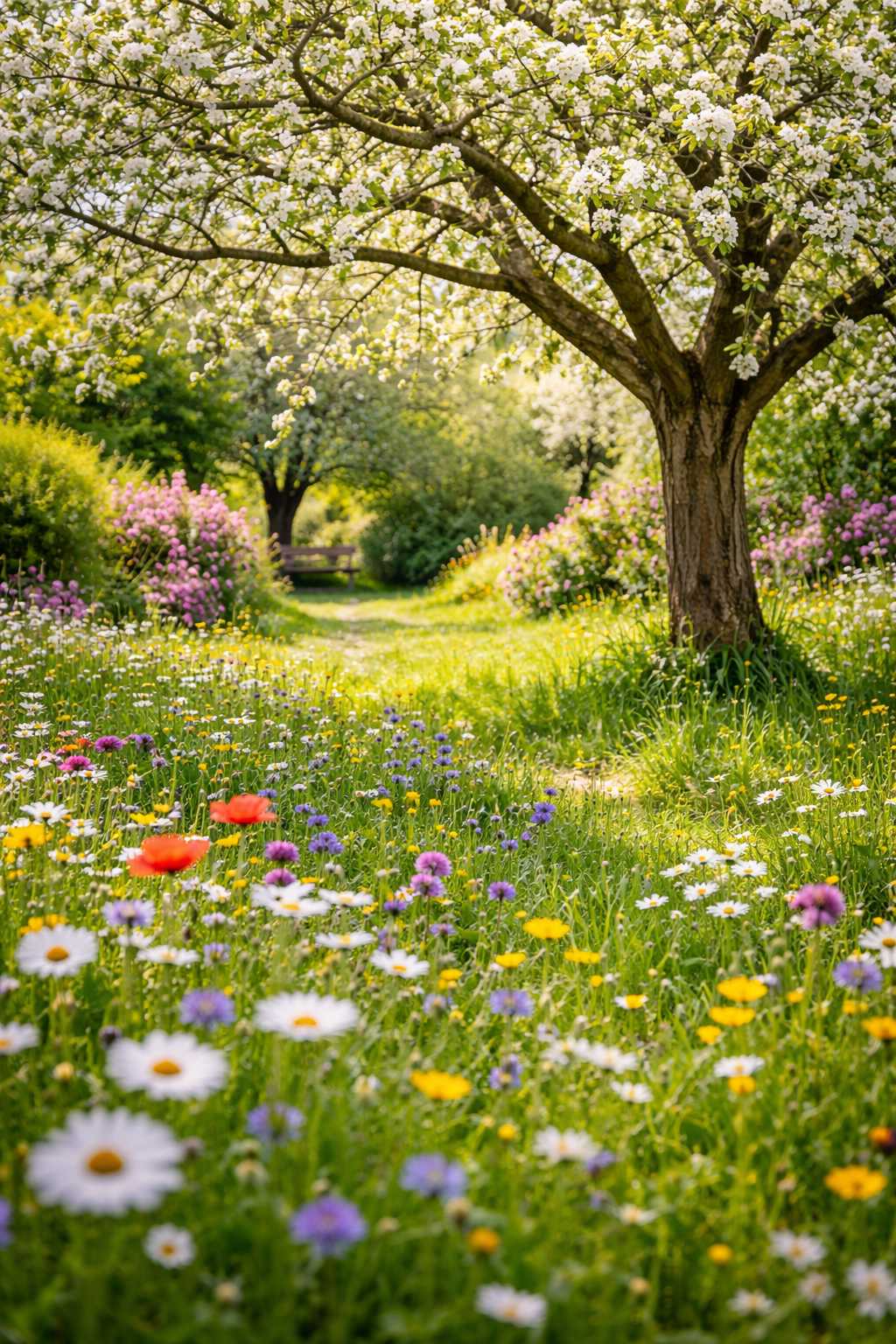 Blühende Wiese mit bunten Wildblumen unter einem Obstbaum in voller Blüte in einer naturnahen Frühlingslandschaft