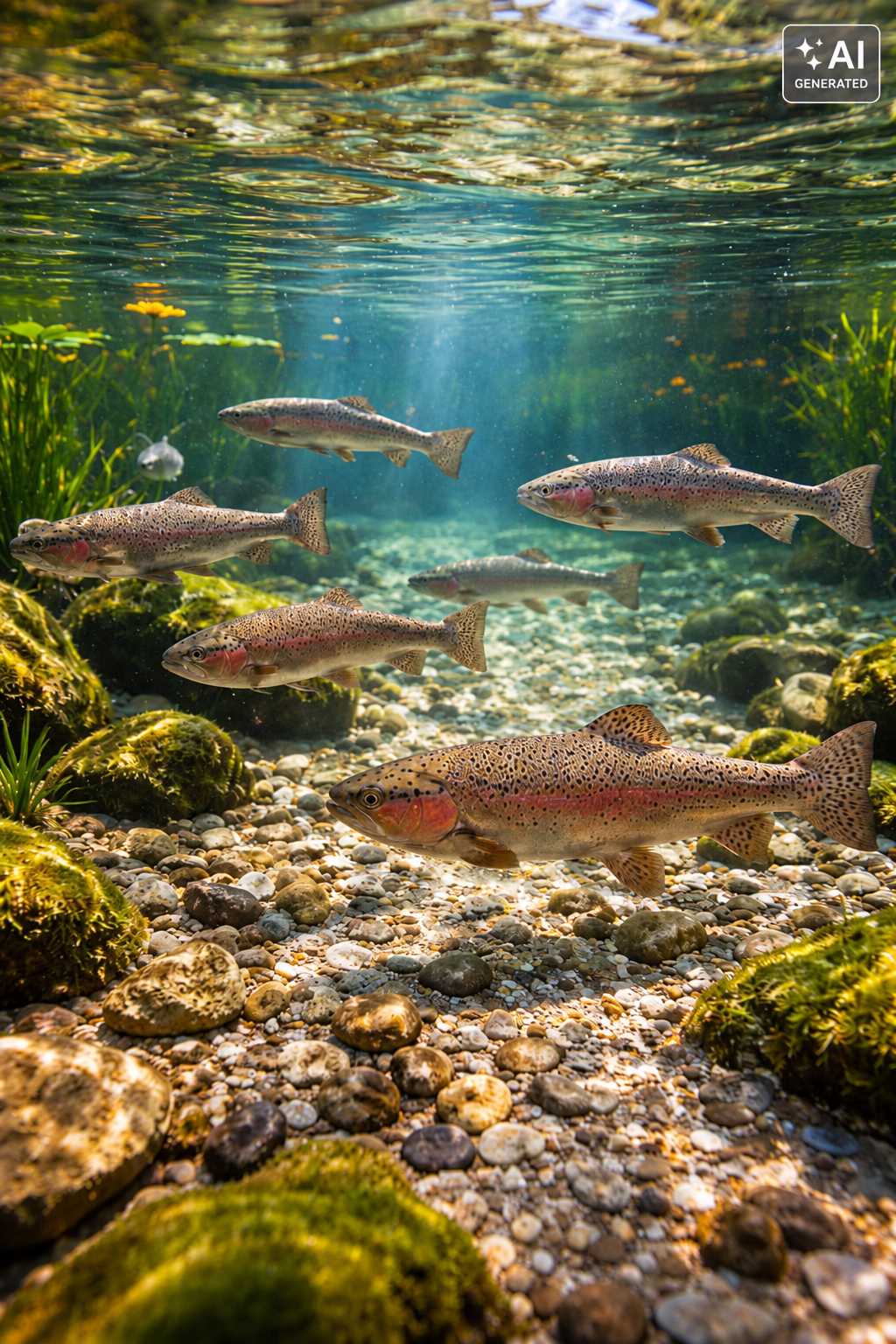 Mehrere Forellen schwimmen in klarem Wasser über einem steinigen Bachgrund