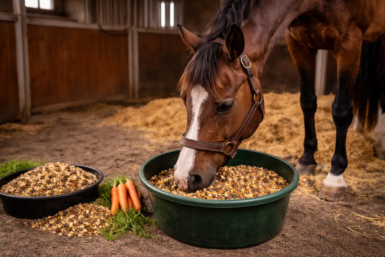 Braunes Pferd frisst Futtermischung aus Eimer