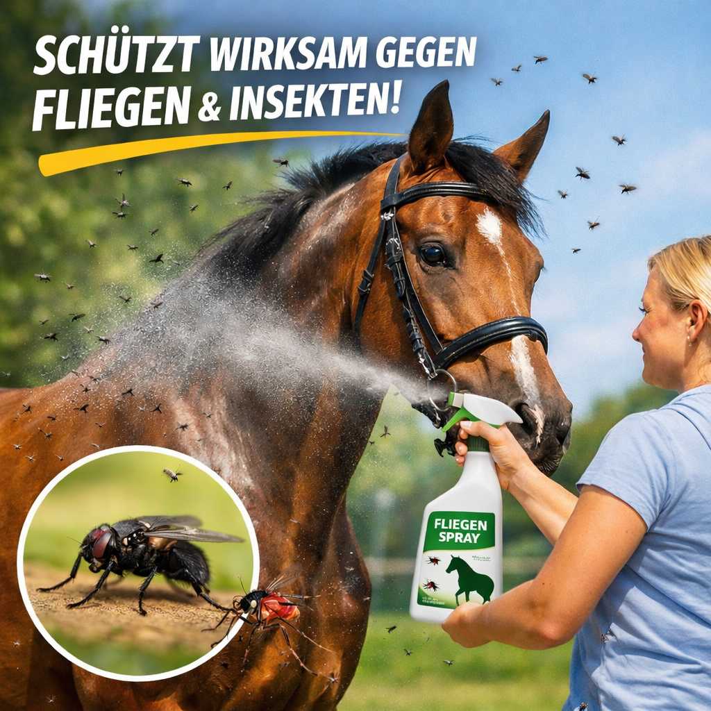 Frau sprüht Fliegenspray auf ein Pferd zum Schutz vor Fliegen und Insekten