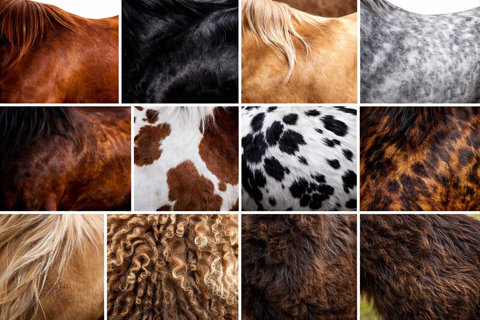 Collage mit Detailaufnahmen verschiedener Pferdefelle und Fellfarben wie Fuchs, Rappe, Schimmel, Schecke und getigerte Muster.