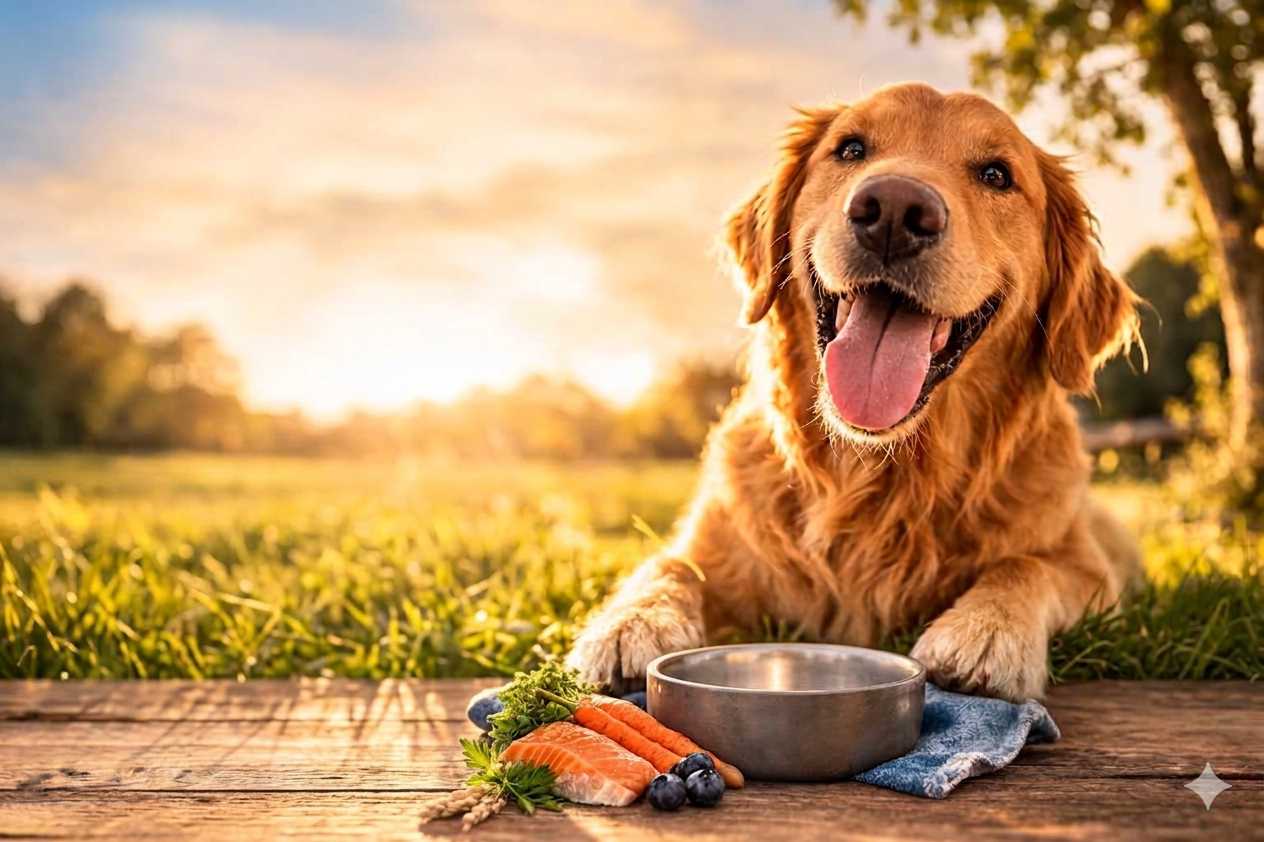 Golden Retriever liegt auf einer Wiese vor einem Napf mit frischem Hundefutter wie Karotten und Fisch bei Sonnenuntergang