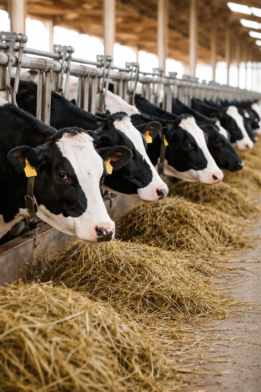 Mehrere schwarz-weiße Milchkühe stehen im Stall und fressen Heu am Futtertisch