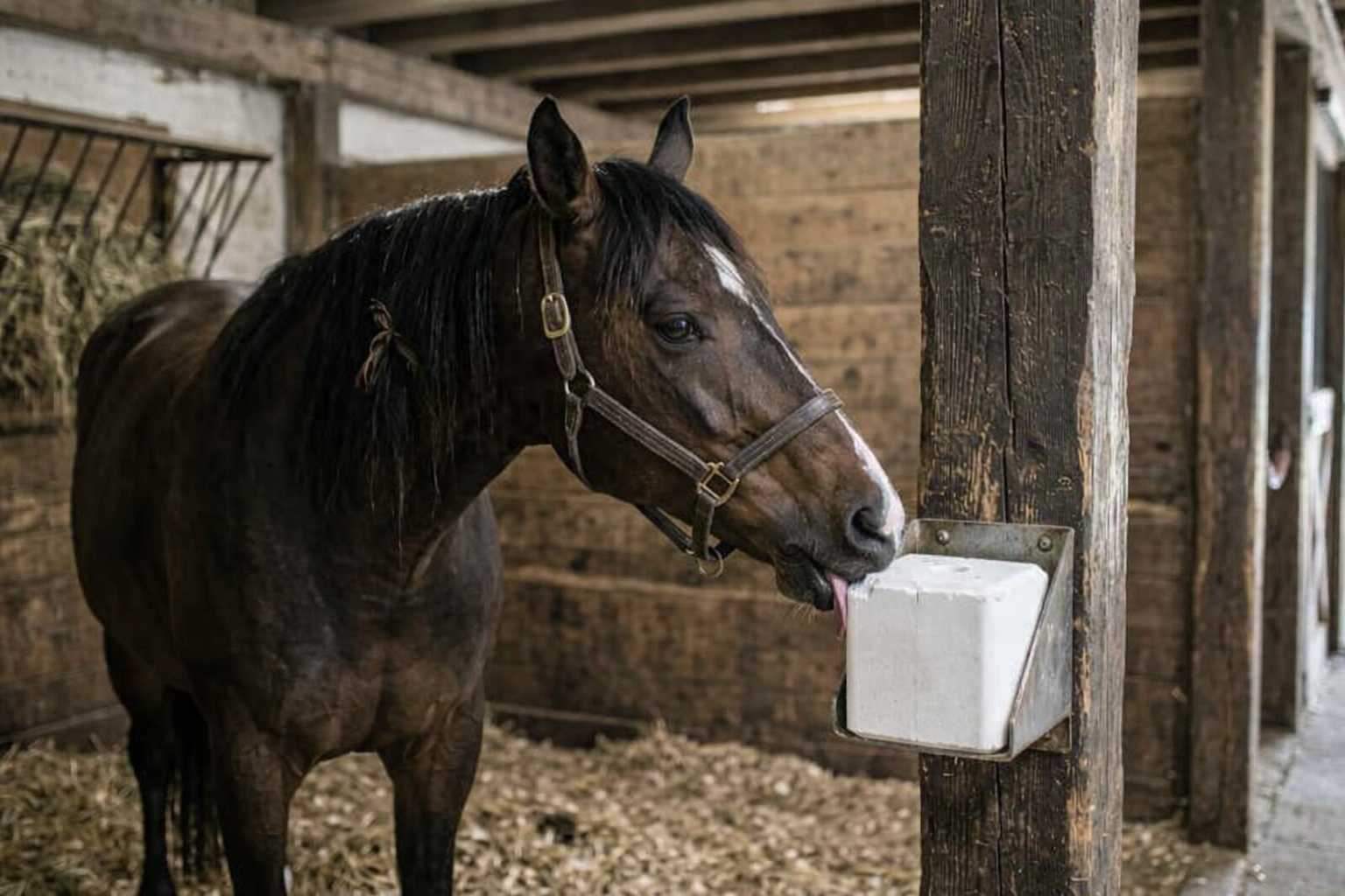 Ein Pferd steht im Stall und leckt an einem Salzleckstein zur Mineralstoffversorgung