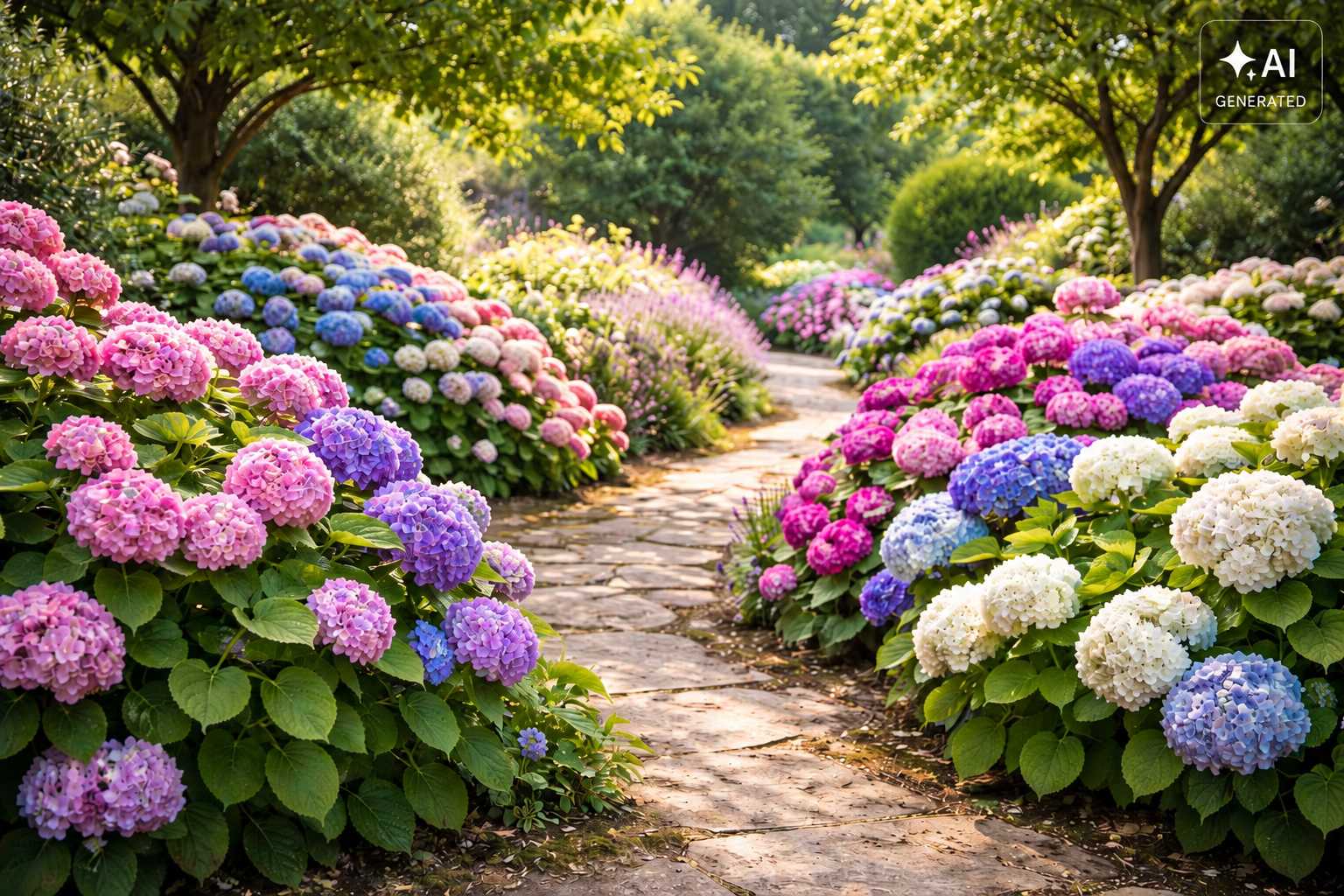 Gartenweg zwischen üppig blühenden Hortensien in Rosa, Blau, Lila und Weiß