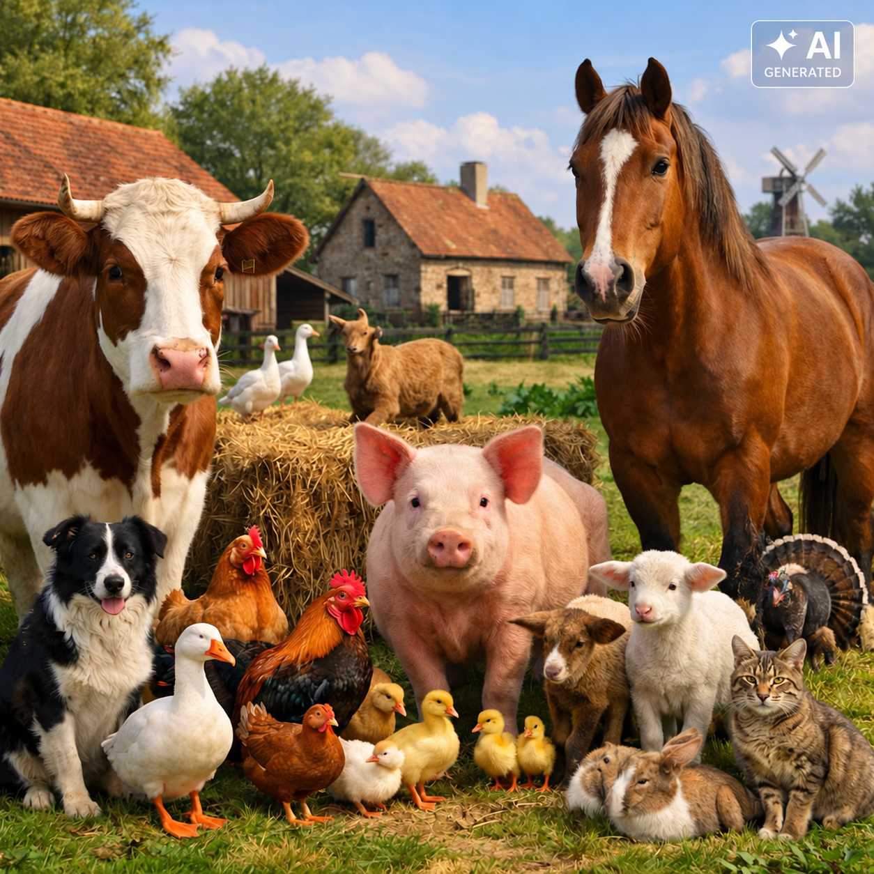 Braunes Pferd, Kuh, Schwein, Schaf, Hund, Katze, Kaninchen und verschiedene Geflügelarten stehen gemeinsam auf einem Bauernhof. Im Hintergrund sind eine Scheune, Heuballen und eine Windmühle zu sehen.