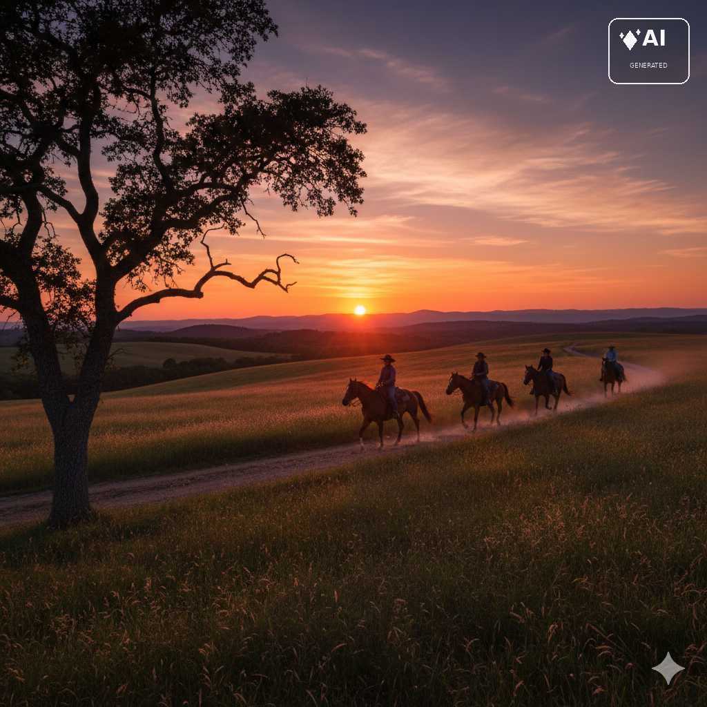 Reitergruppe bei Sonnenuntergang in weiter Landschaft