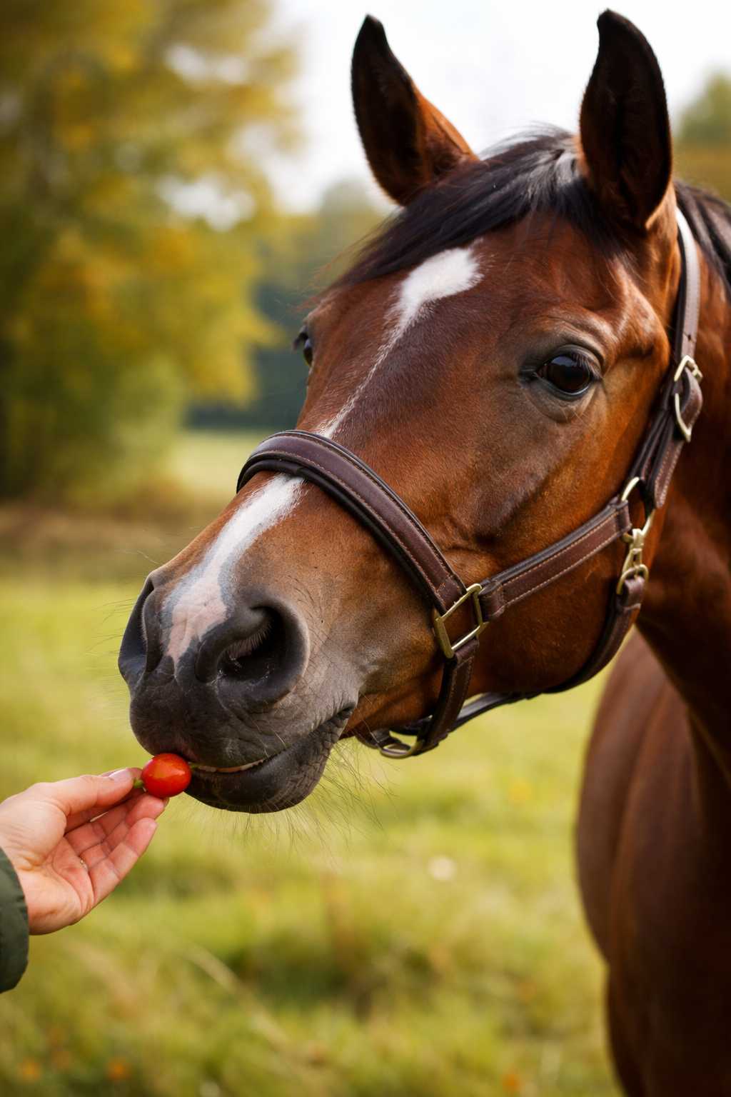 Braunes Pferd bekommt einen natürlichen Leckerbissen aus der Hand auf einer grünen Weide