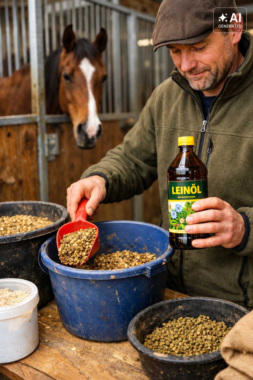 Mann bereitet Pferdefutter in einem blauen Futtereimer zu und hält eine Flasche Leinöl für Pferde in der Hand. Im Hintergrund schaut ein braunes Pferd aus seiner Stallbox.