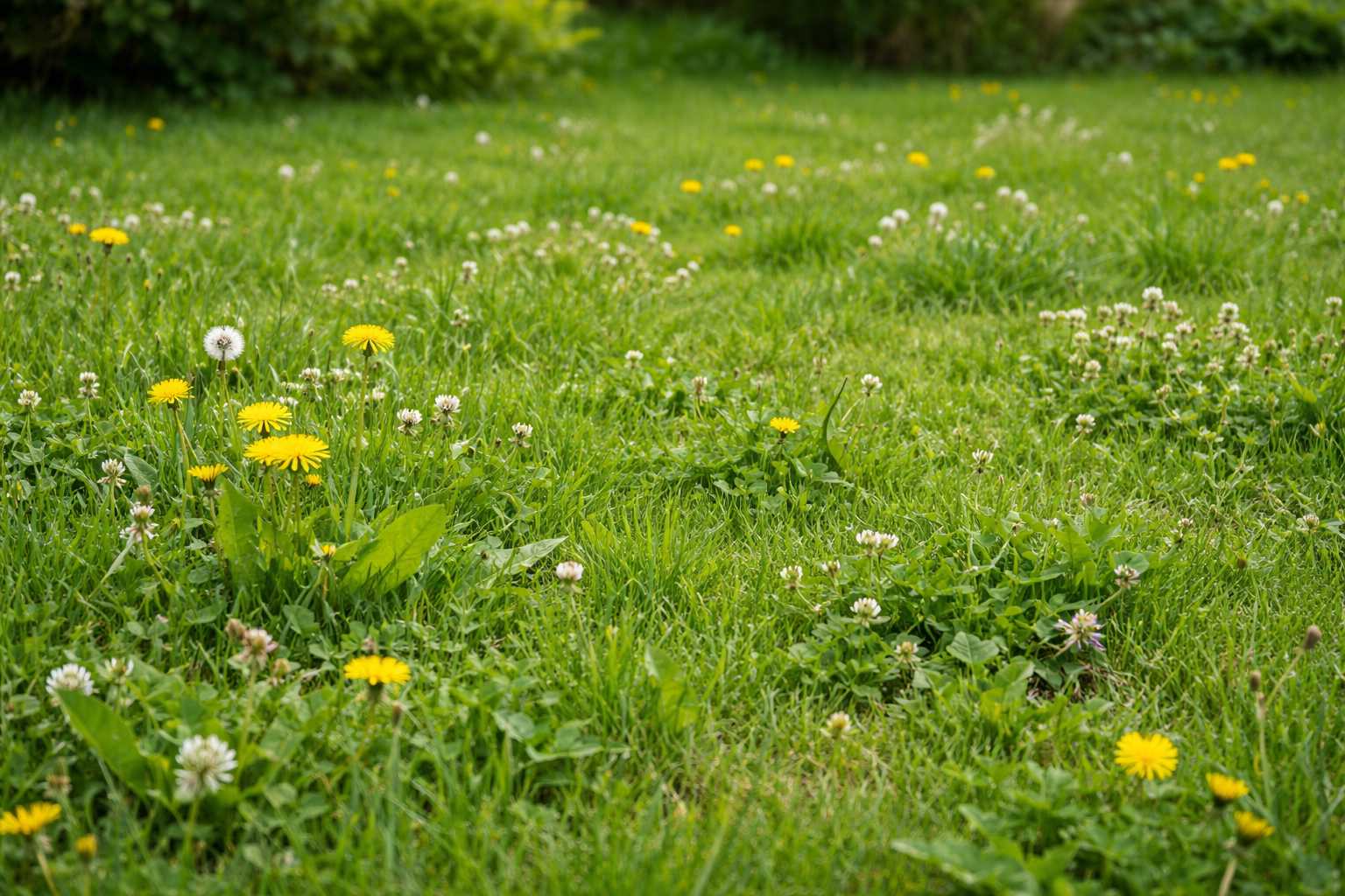 Rasenfläche mit Löwenzahn und Klee als typisches Unkraut im Gartenrasen