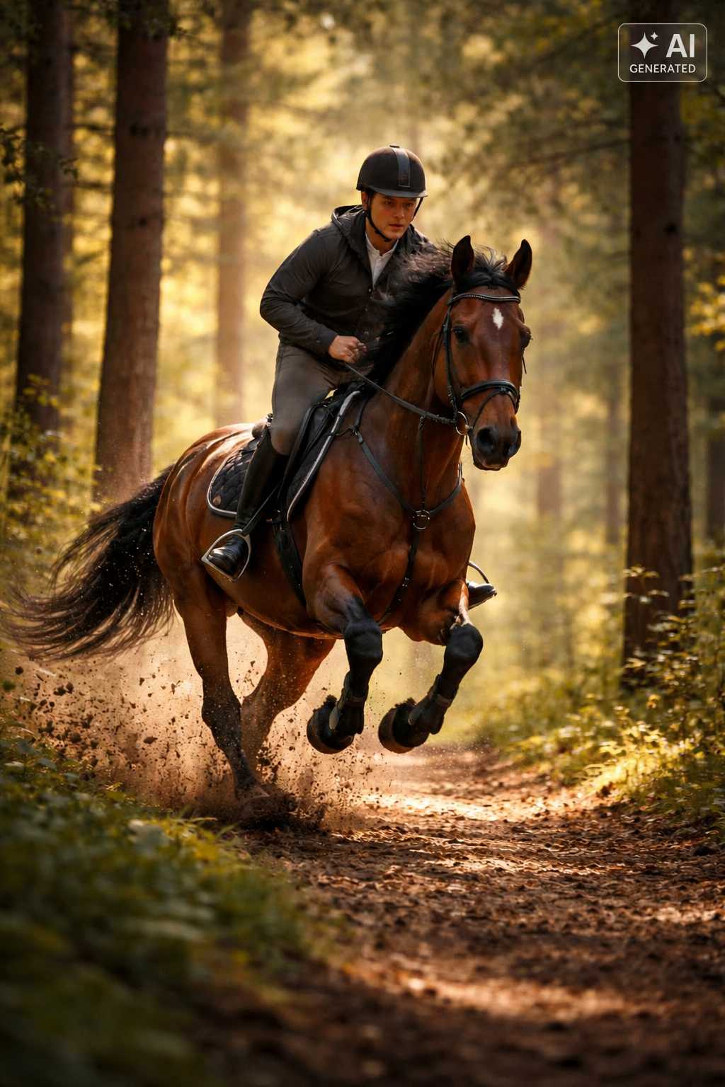 Reiter mit schwarzem Helm galoppiert auf einem braunen Pferd über einen Waldweg. Im warmen Sonnenlicht wirbeln Erde und Laub unter den Hufen auf.