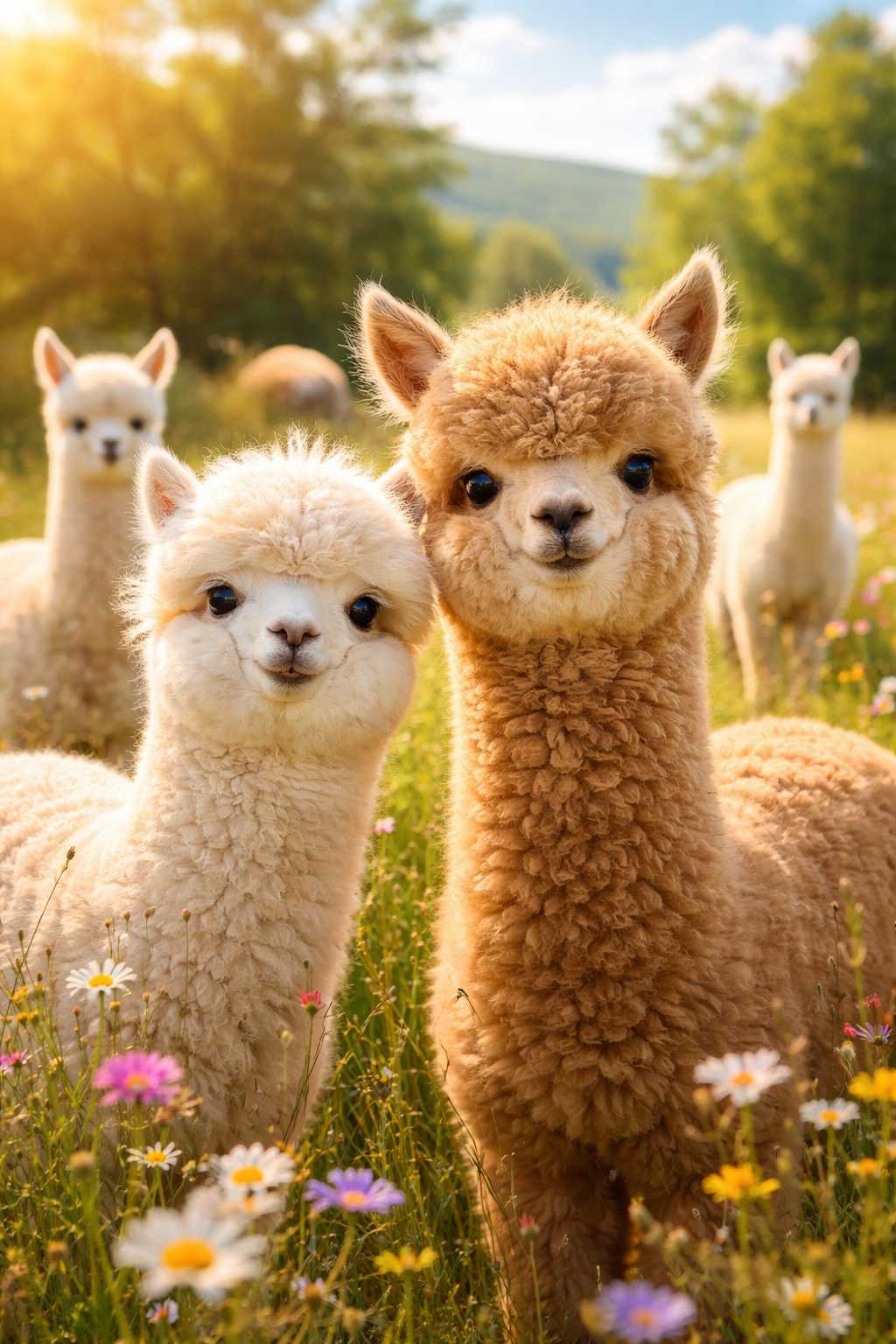 Zwei Alpakas stehen im Vordergrund einer blühenden Wiese, weitere Tiere sind im Hintergrund bei sonnigem Wetter zu sehen.