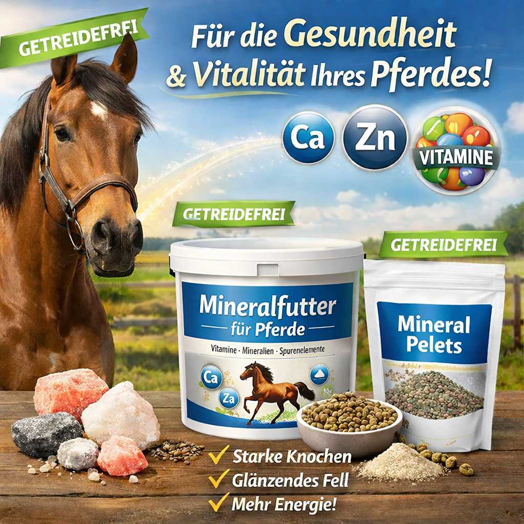 Getreidefreies Mineralfutter und Mineral Pellets für Pferde mit Calcium, Zink und Vitaminen für Gesundheit und Vitalität