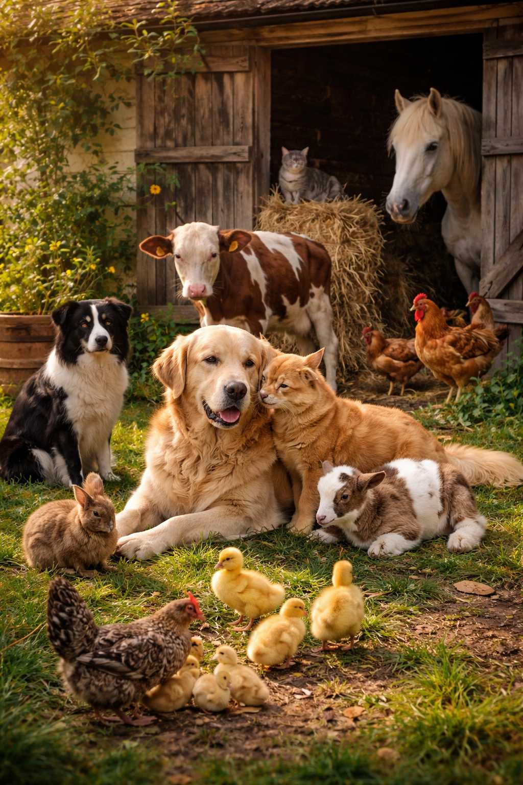 Hund, Katze, Kuh, Pferd, Hühner, Küken und Kaninchen gemeinsam auf einem Bauernhof vor dem Stall