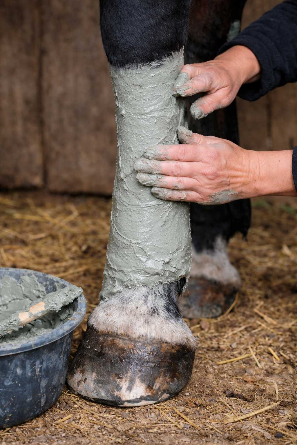 Hand trägt kühlenden Tonverband auf das Bein eines Pferdes auf
