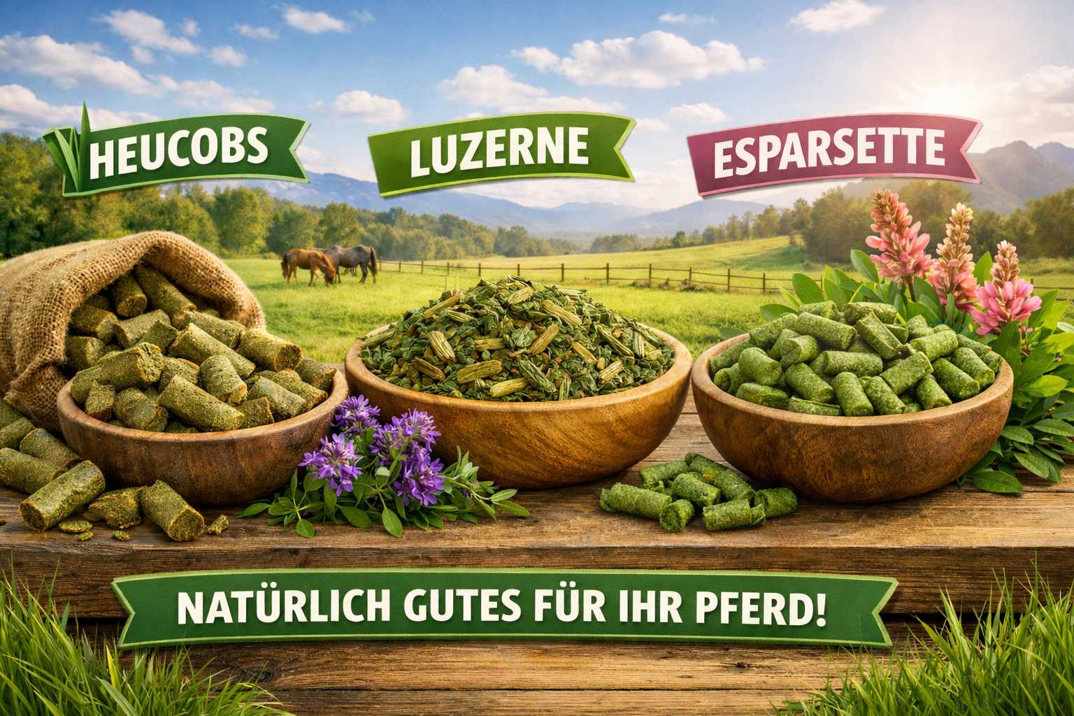 Schalen mit Heucobs, Luzerne und Esparsette als natürliches Pferdefutter auf einer Wiese mit Pferden im Hintergrund
