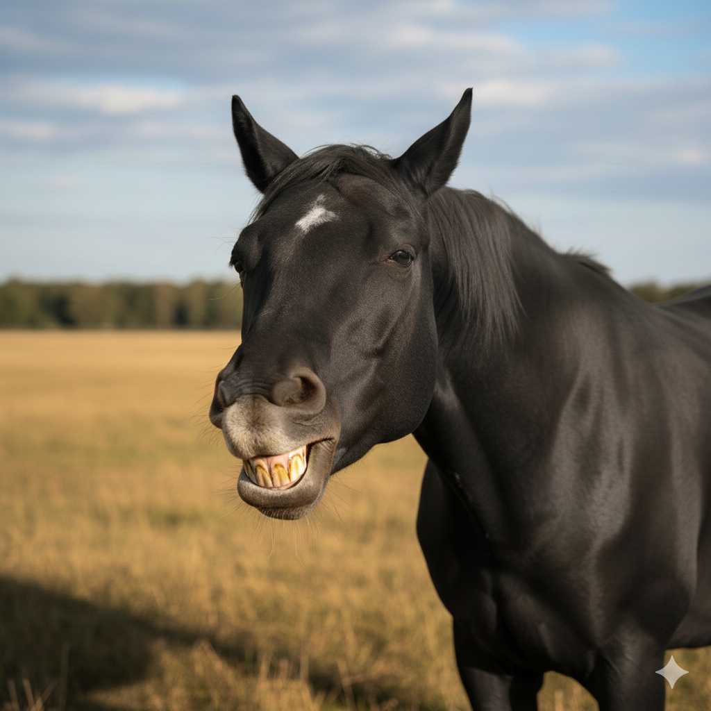 Schwarzes Pferd auf einer Weide zeigt die Zähne; die Schneidezähne wirken deutlich gelblich verfärbt, im Hintergrund ist ein Feld zu sehen.