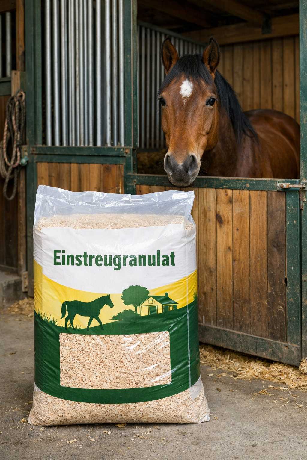Sack mit Einstreugranulat vor einer Pferdebox im Stall mit Pferd im Hintergrund