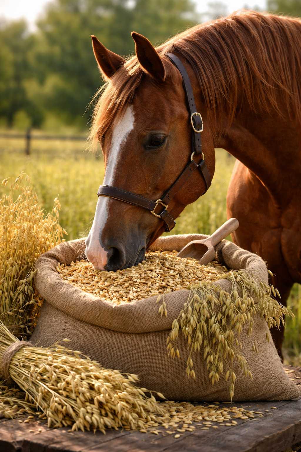 Braunes Pferd frisst Hafer aus einem Jutesack mit Haferähren – natürliches Getreide als Pferdefutter