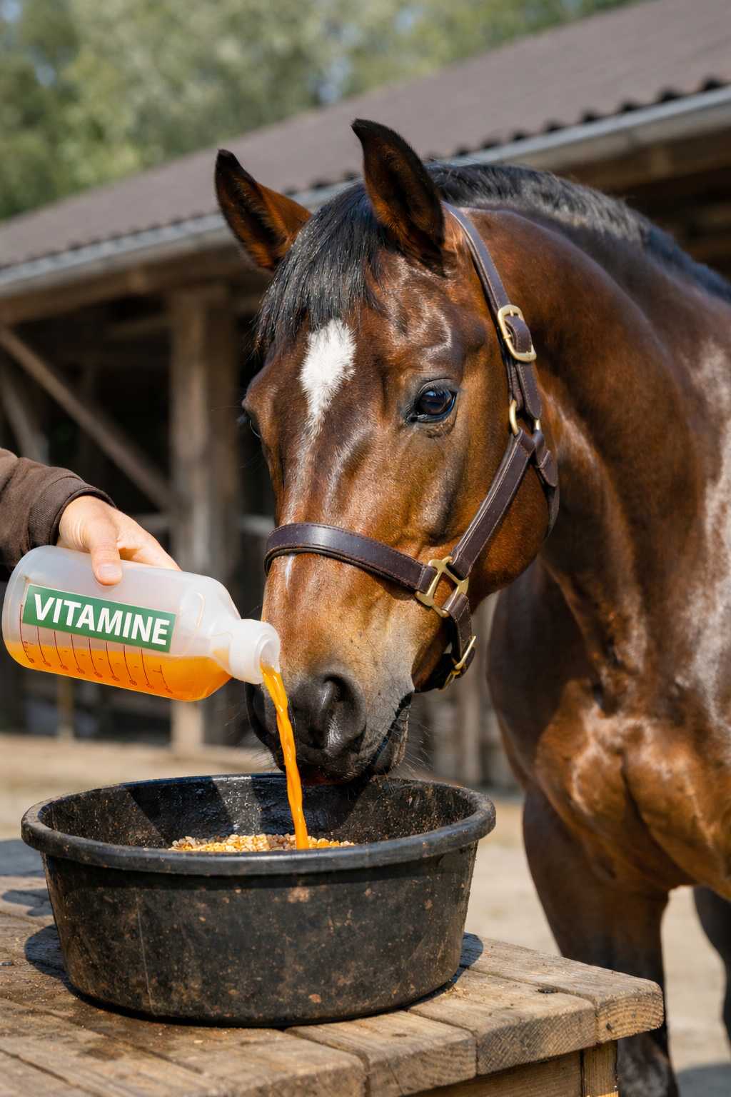 Braunes Pferd bekommt flüssige Vitamine als Nahrungsergänzung ins Pferdefutter im Stall