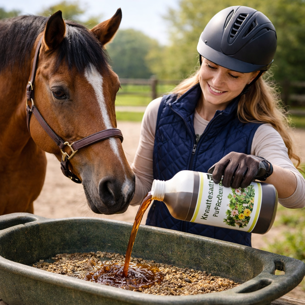 Reiterin gießt Kräutersaft für Pferde in einen Futtertrog während ein Pferd daneben steht