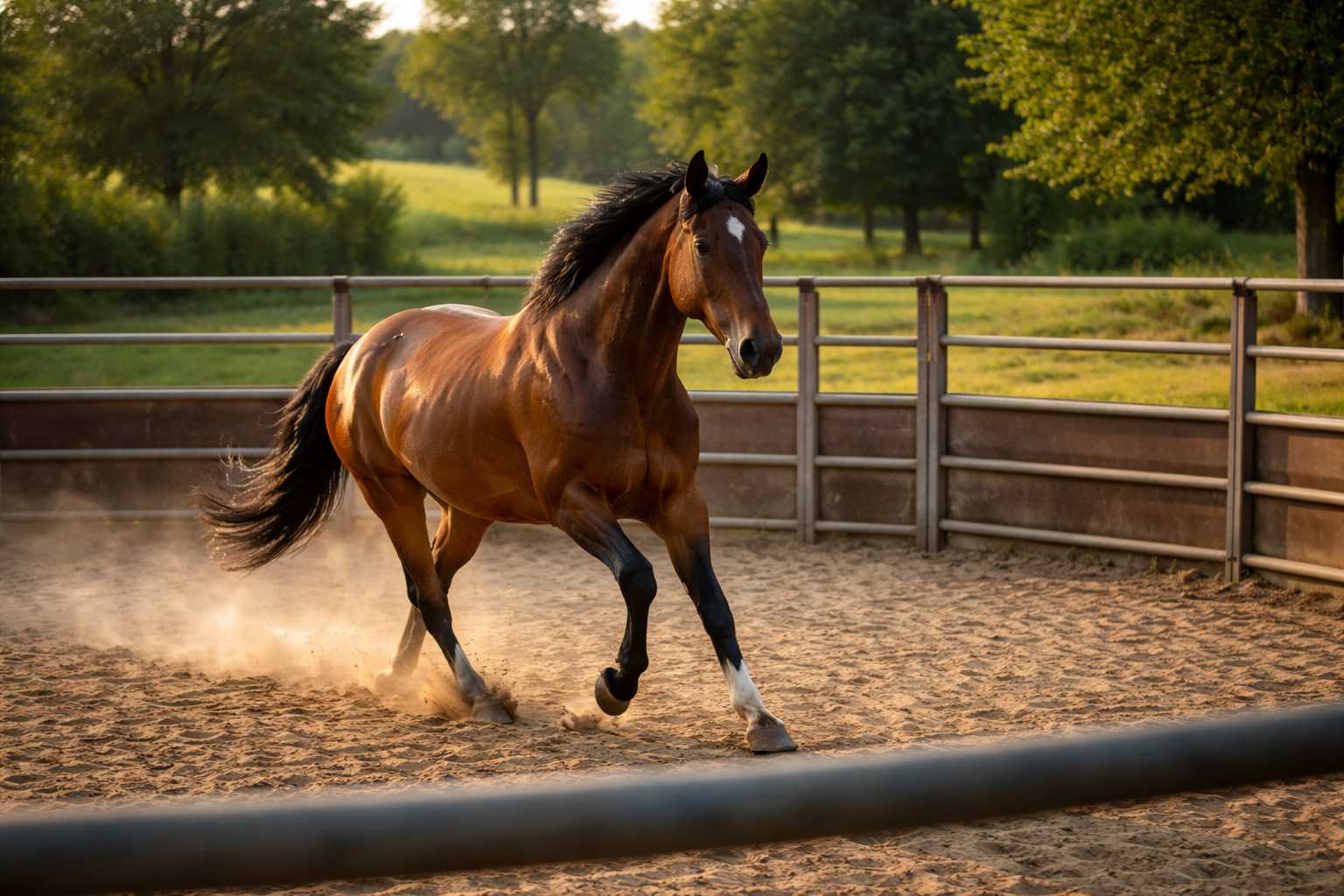 Braunes Pferd galoppiert dynamisch in einem Sandpaddock mit aufgewirbeltem Staub, umgeben von grüner Landschaft